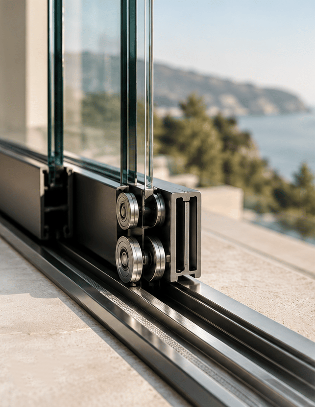 Sürme cam balkon sisteminin rulman taşıyıcısı, alüminyum profili ve alt ray detayı