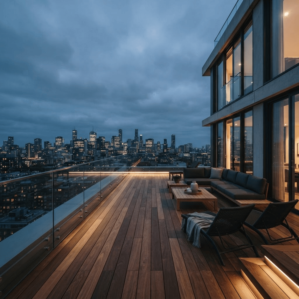 Cam balkon sistemiyle kapatılmış modern bir çatı terası ve şehir manzarası