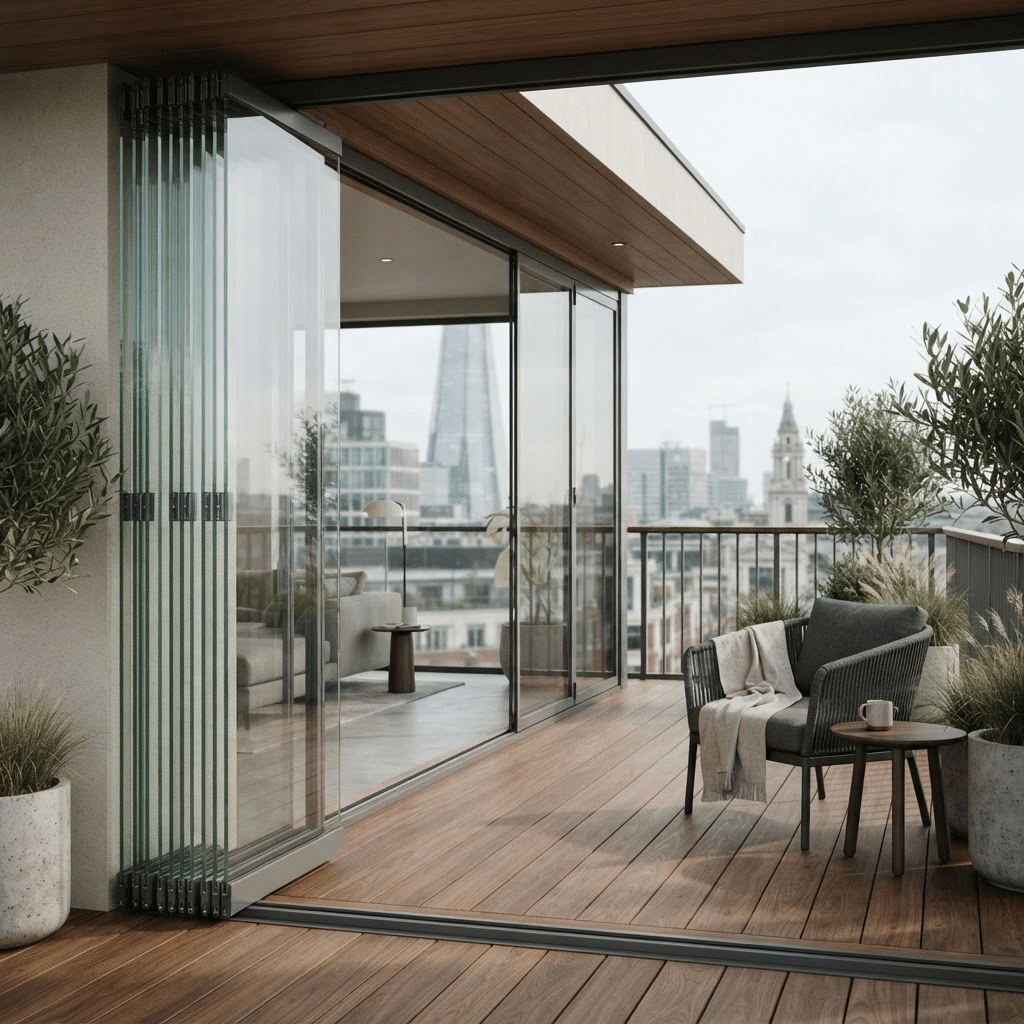Katlanır cam balkon sistemi (ısıcamsız) — temsilî görsel